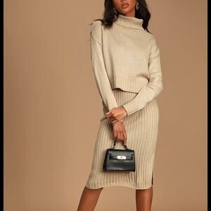 LULUS CHIC YOU OUT BIEGE KNIT BODYCON TURTLENECK SWEATER + SKIRT SET